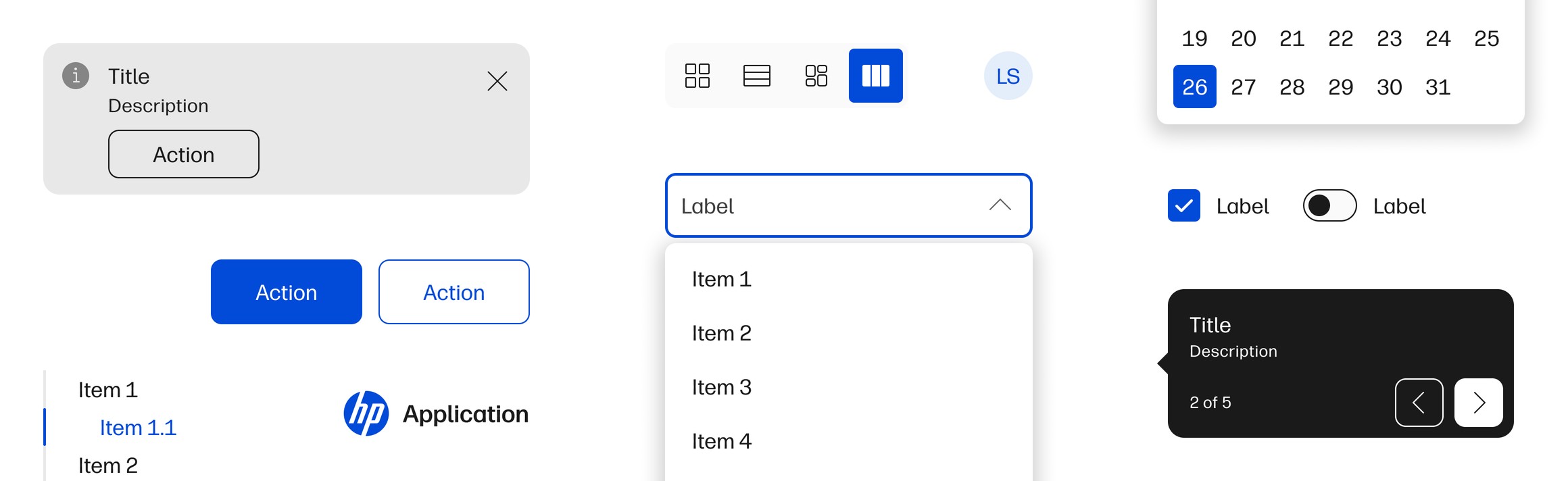 A selection of Veneer components including a notification, buttons, a dropdown, a date picker, checkbox, toggle, and a coachmark