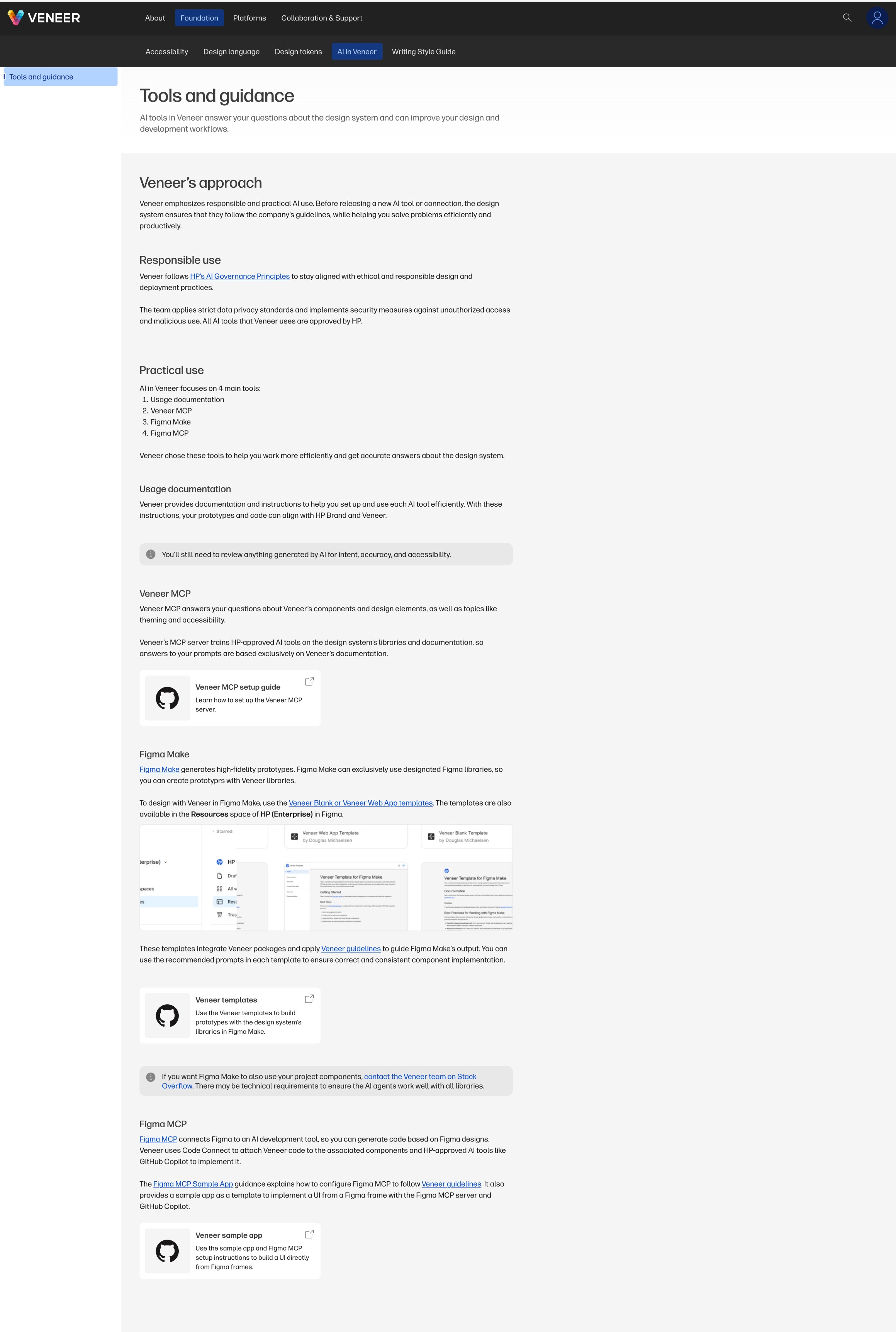 The AI in Veneer documentation page, covering the internal AI tooling built for the design system
