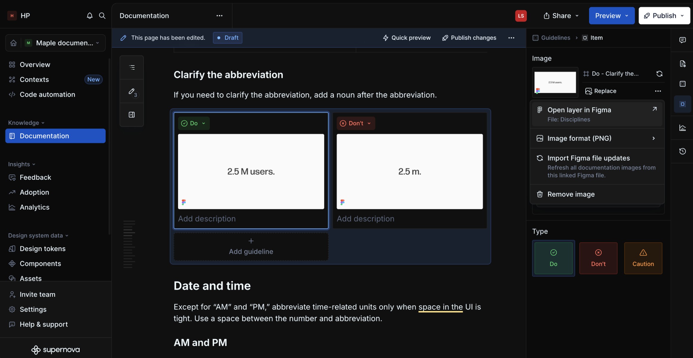 The Supernova editor showing a Figma-linked image with an option to import Figma file updates