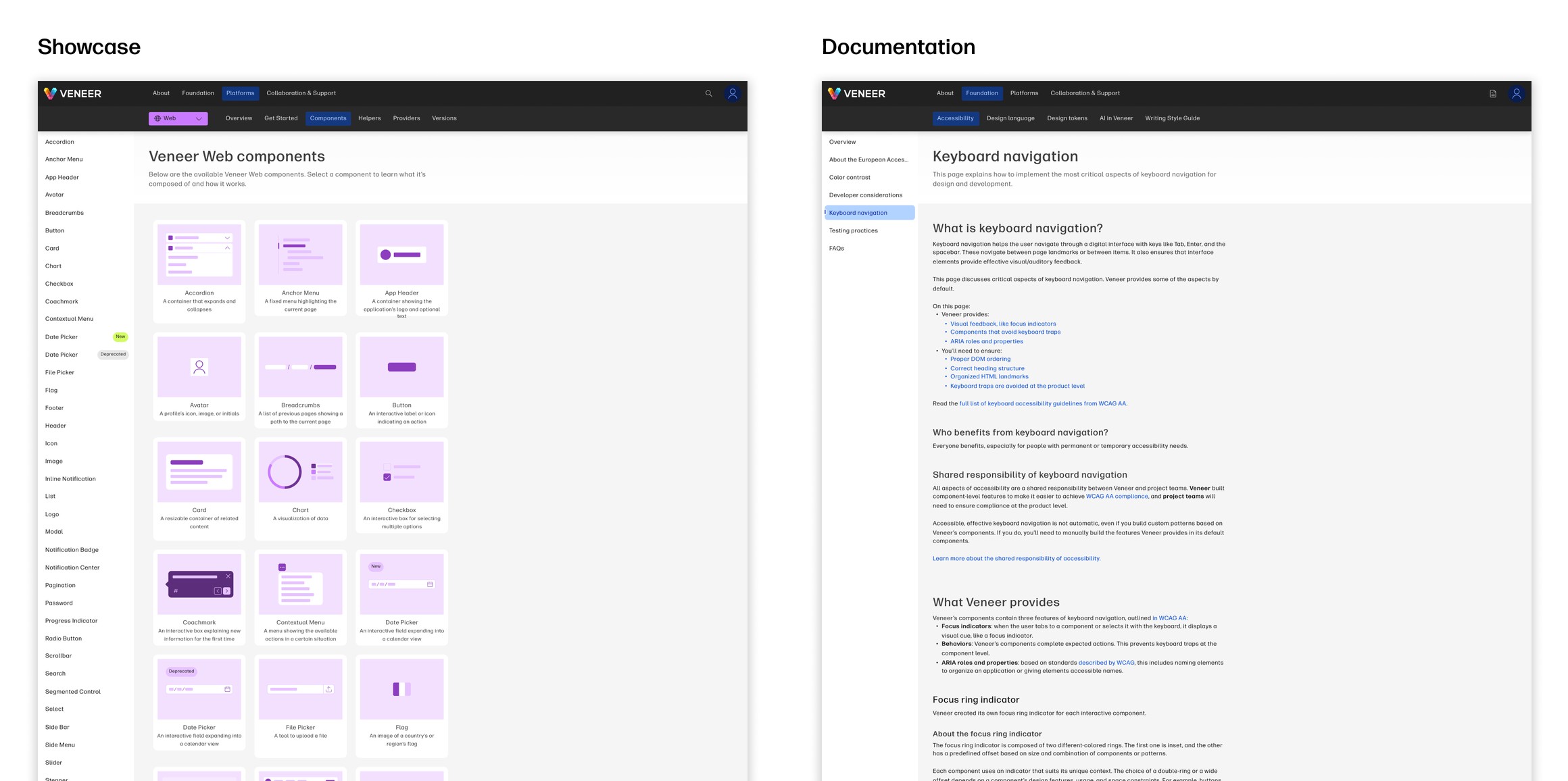 A showcase page beside a dense component documentation page from the V3 site