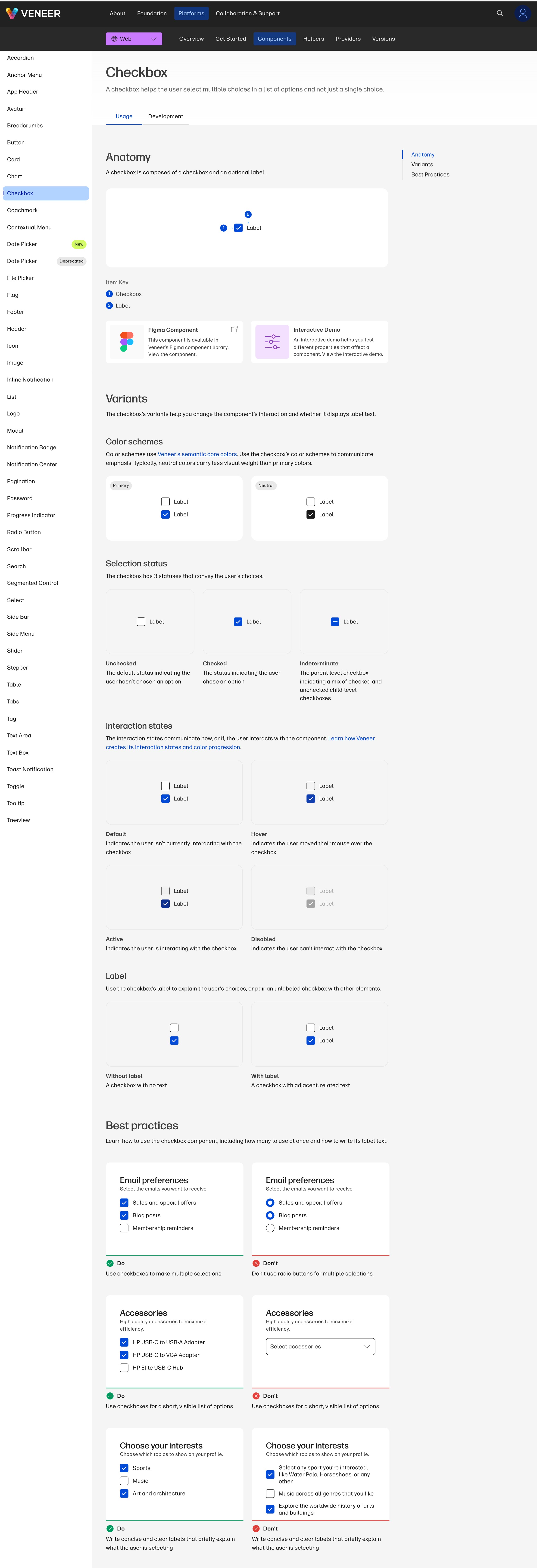 A component best practices page showing written guidance alongside custom visuals for each recommendation