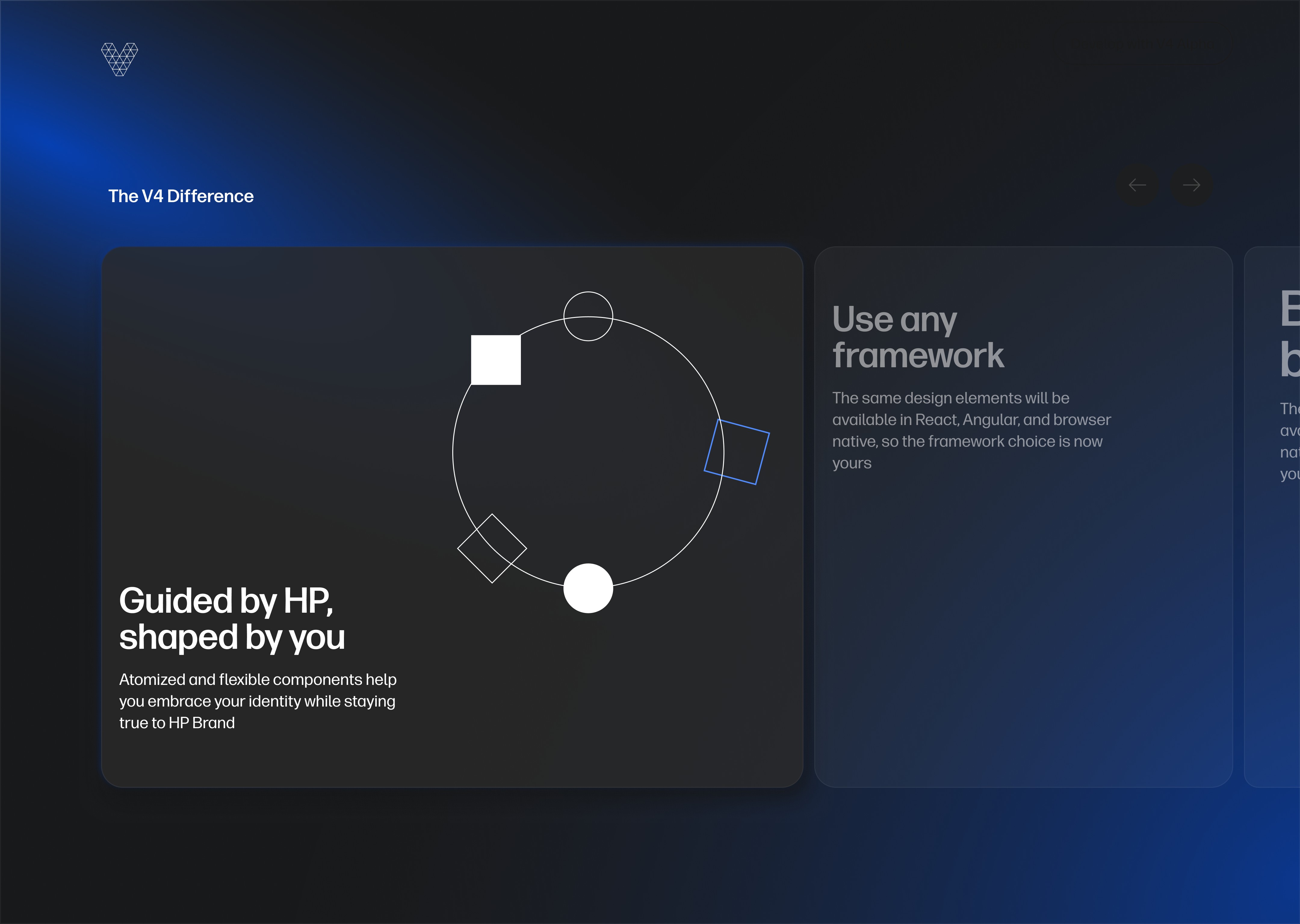 A hotsite section titled The V4 Difference, with cards explaining flexible components and framework choice