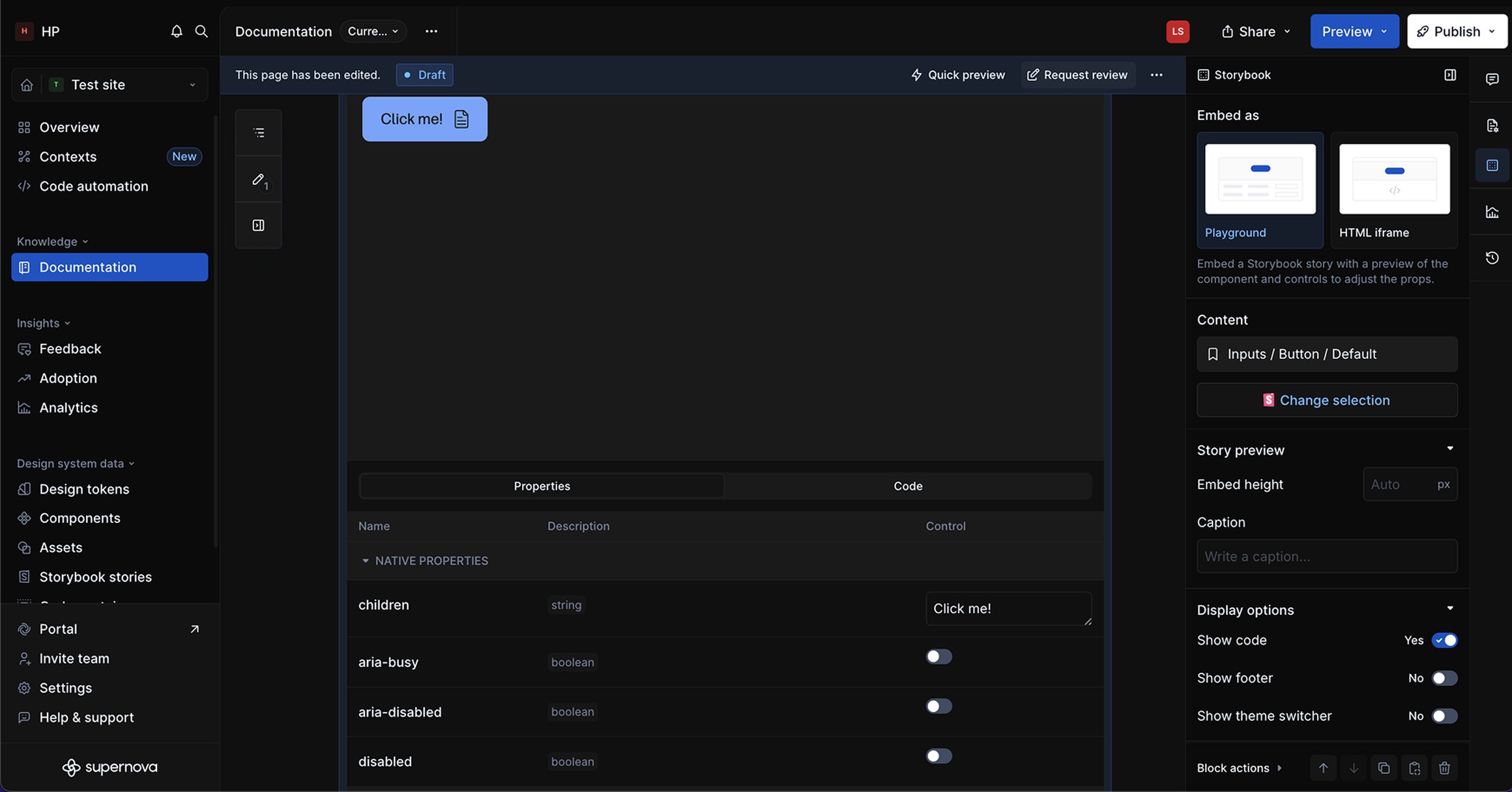 The Supernova editor embedding a Storybook story, with the component preview and its properties generated automatically