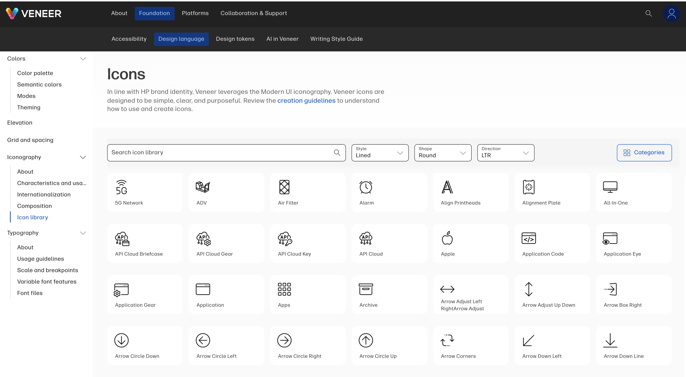 The icon library page showing a searchable, filterable grid of Veneer icons
